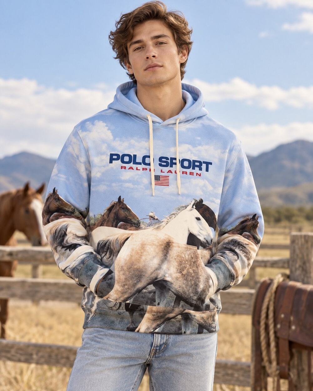 Polo Sport Ralph Lauren Wild Horses AOP Hoodie Men M Blue Horse Print NWT